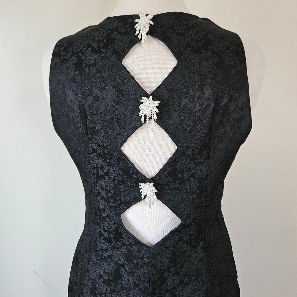 Vintage 90s Black Floral Brocade Evening Cocktail Dress Gown Back Cutouts‎ M